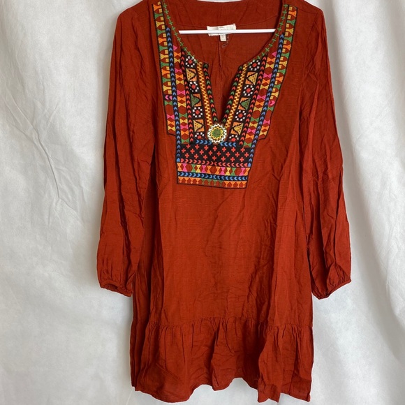 entro Dresses & Skirts - Enter | Tribal Orange Embroidered Longsleeve Dress